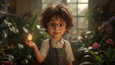 A highly detailed, high-resolution stock photo shows a bright-eyed, bespectacled young homeschooler with curly brown hair and