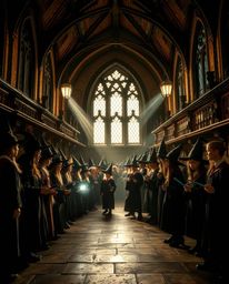 Explore a captivating magical school teeming with young wizards, rendered in striking high contrast. Intense dramatic lightin