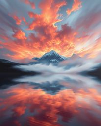 A dynamic motion painting captures the reflections of fiery clouds in a mountain lake, rendered in a palette of rich burgundy