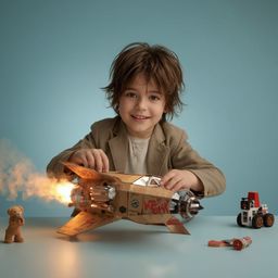 Exquisite high-fashion photography captures a boy with bright, curious eyes building an intricately designed cardboard spaces