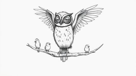 A heartwarming hand-drawn sketch reminiscent of Pixar, portraying a blind owl with gentle feathers guiding small birds in the