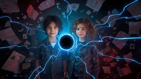 A vibrant, cinematic photo captures a dynamic, chaotic moment of wonder and discovery in a stylized, Pixar-esque manner. Two 