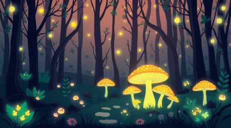 Discover a captivating modern flat design illustration of a vintage-style enchanted forest. Featuring glowing mushrooms, bio