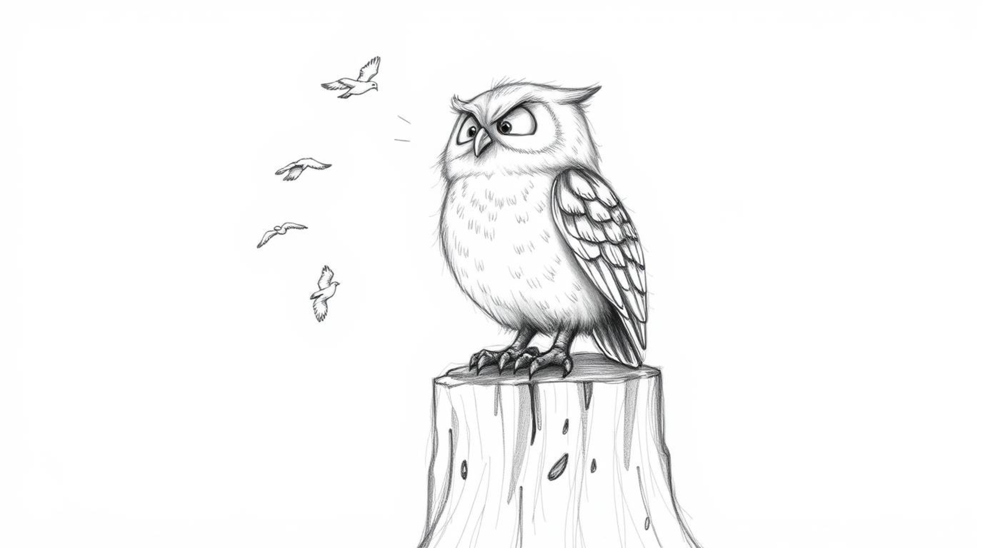 A heartwarming pencil sketch in a Pixar-esque style depicting a blind owl with soft, feathery texture, perched on a textured 
