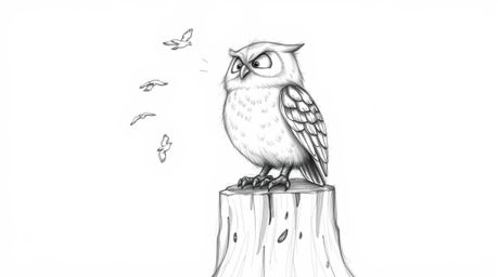 A heartwarming pencil sketch in a Pixar-esque style depicting a blind owl with soft, feathery texture, perched on a textured 