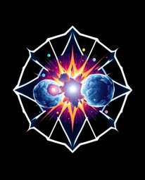 A modern, futuristic logo design showcases colliding galaxies in a vibrant cosmic explosion.  Rendered with geometric shapes 