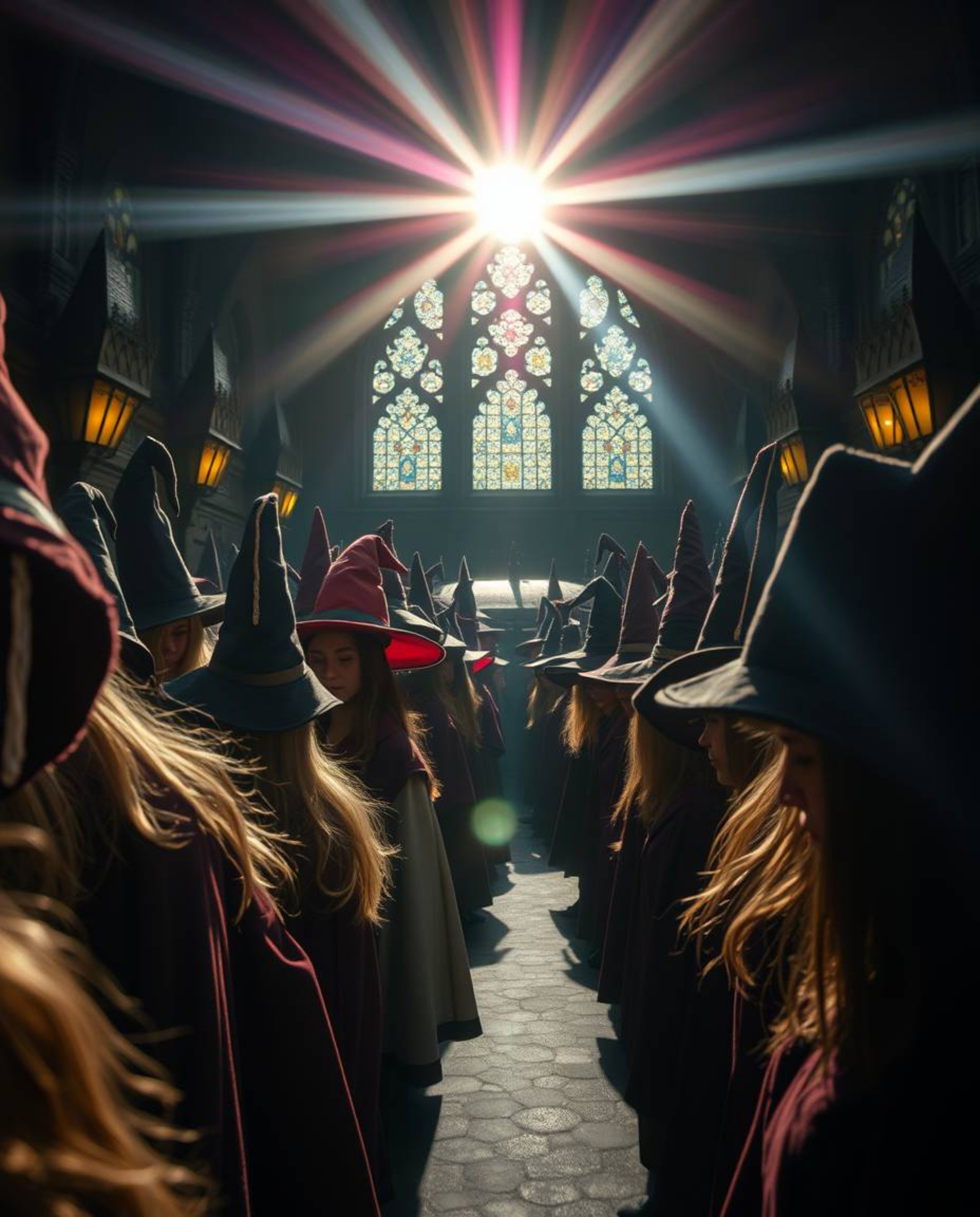 A captivating close-up shot unveils a magical school teeming with young wizards, bathed in a mesmerizing lens flare and moody