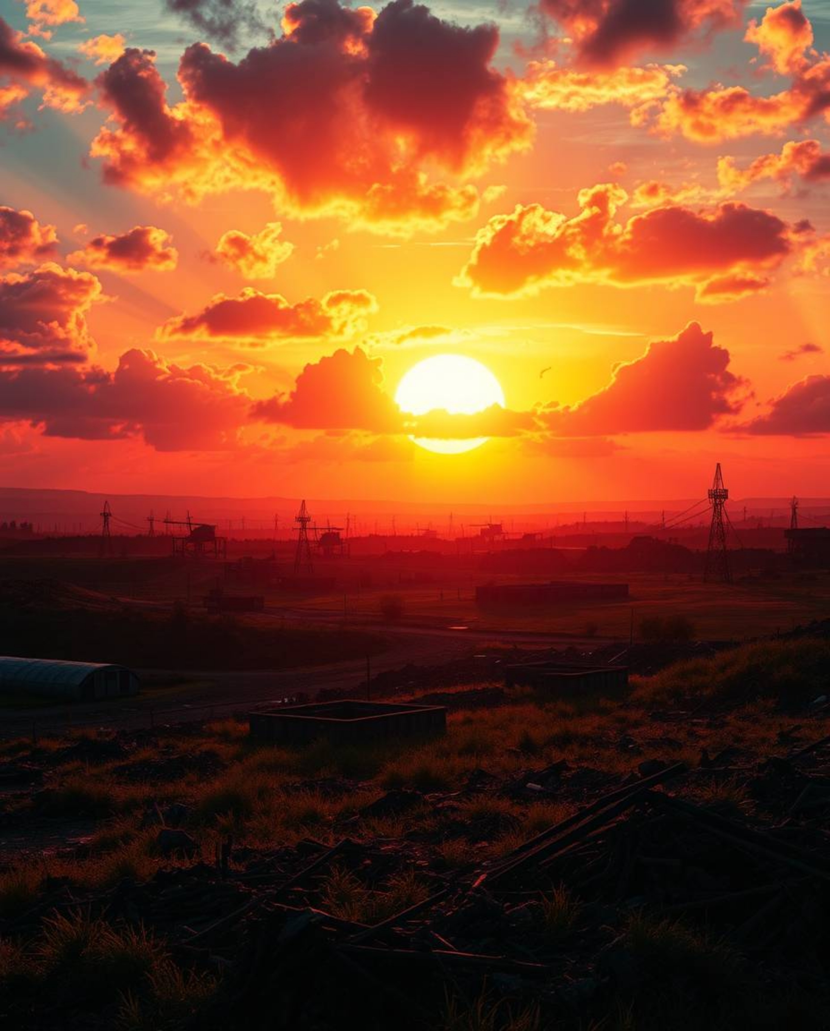 A sunrise over a war-torn landscape, rendered in bright vibrant colors with intense dramatic lighting and high contrast, evok