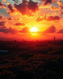 A sunrise over a war-torn landscape, rendered in bright vibrant colors with intense dramatic lighting and high contrast, evok