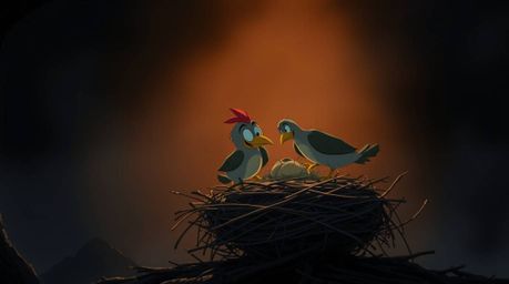 A captivating scene of two cartoon birds diligently building a nest, rendered in a classic animation style. The scene is bath