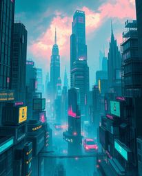 Experience a vision of the future gone awry in this vibrant digital painting. A futuristic city is rendered in glitch mode, b