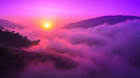 A high-contrast image capturing a breathtaking sunset over misty rice terraces nestled in the mountains, rendered in deep ult
