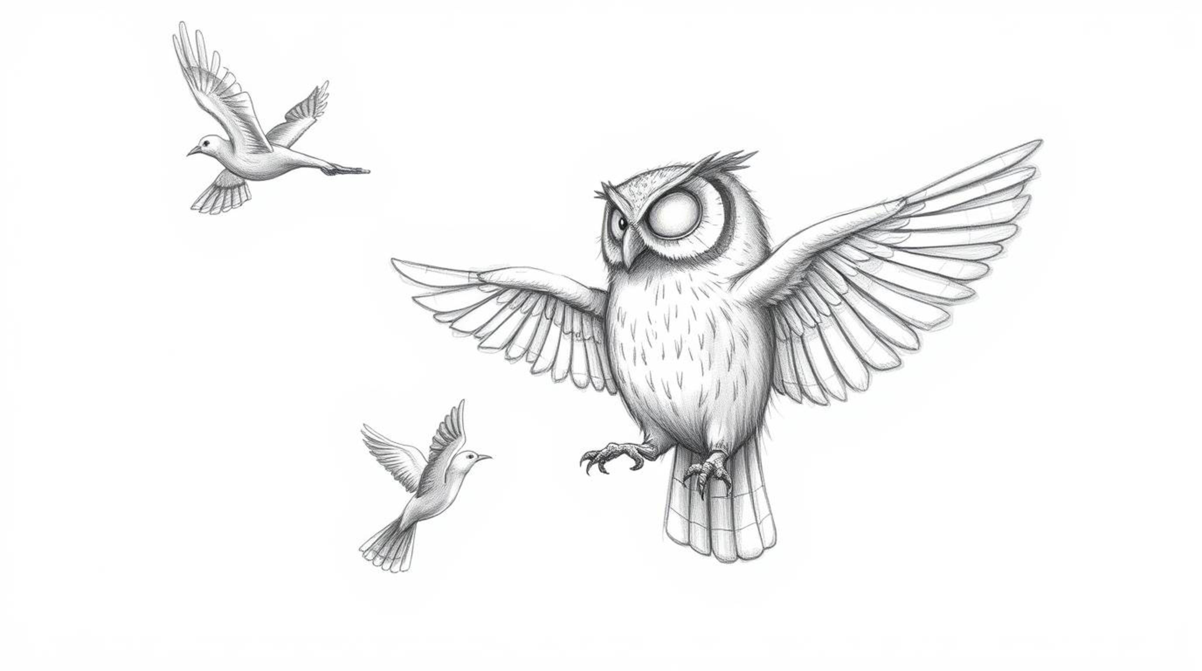 A rough, textured pencil sketch depicting a blind owl in a Pixar style, teaching birds how to fly. The sunlit feathers of the