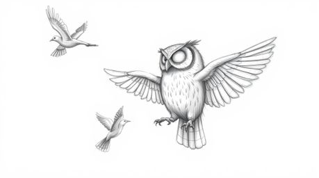A rough, textured pencil sketch depicting a blind owl in a Pixar style, teaching birds how to fly. The sunlit feathers of the