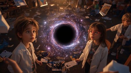 In a dramatically lit, cinematic photograph inspired by the vibrant style of Pixar animation, two young scientists—a boy with