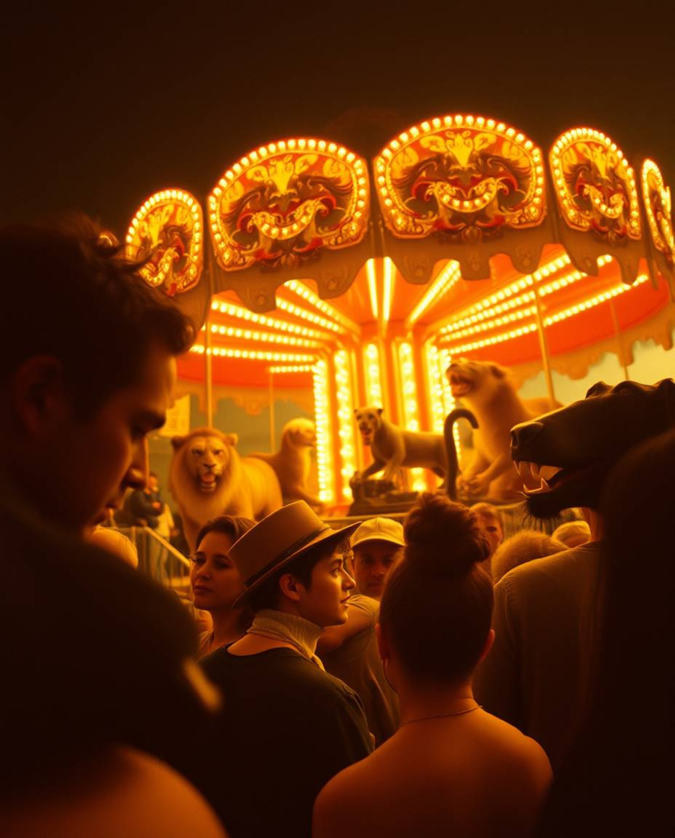Explore a captivating and surreal scene in this collection of images, depicting a carnival unexpectedly overrun by wild anima