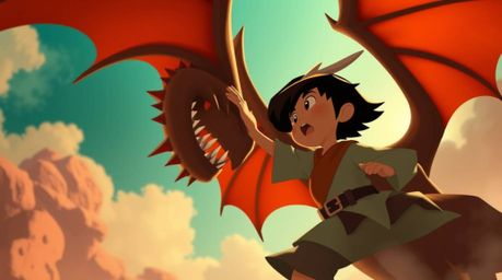 A charming prince battles a fierce dragon in this stunning image reminiscent of 1950s animation, rendered with a low-angle, u