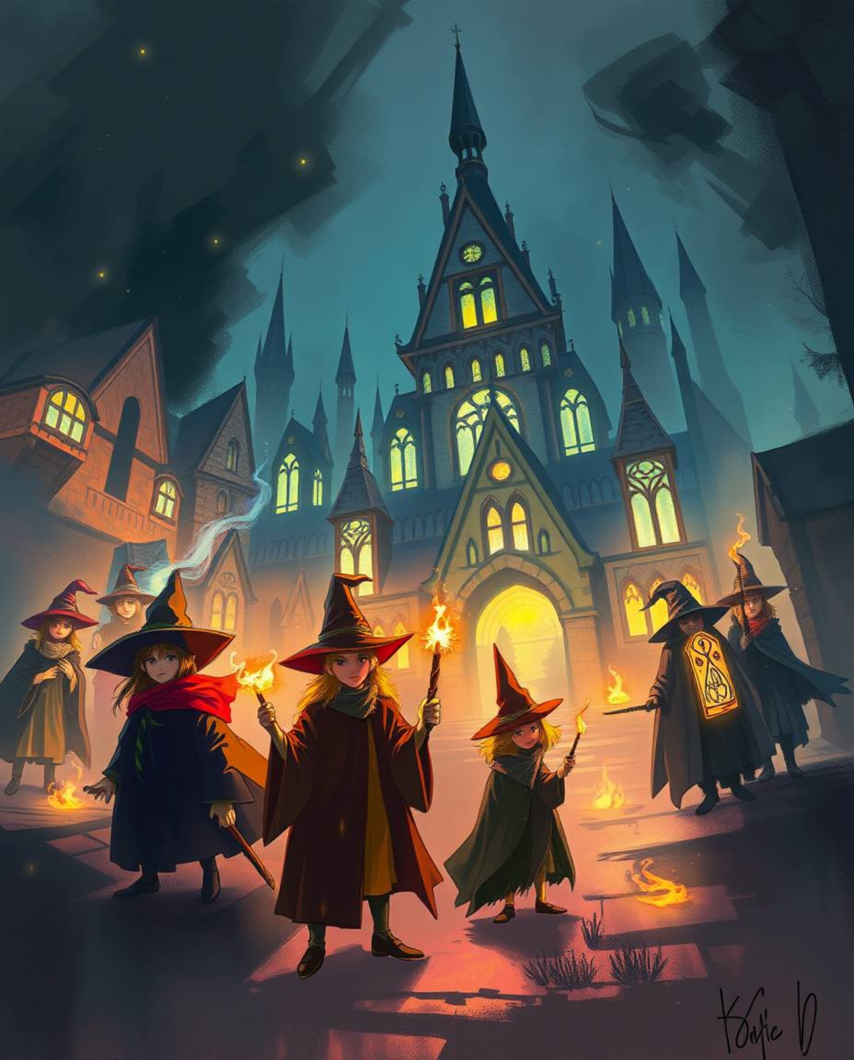 Experience a magical school brimming with young wizards, visualized as a dynamic digital sketch. Loose painterly strokes and 
