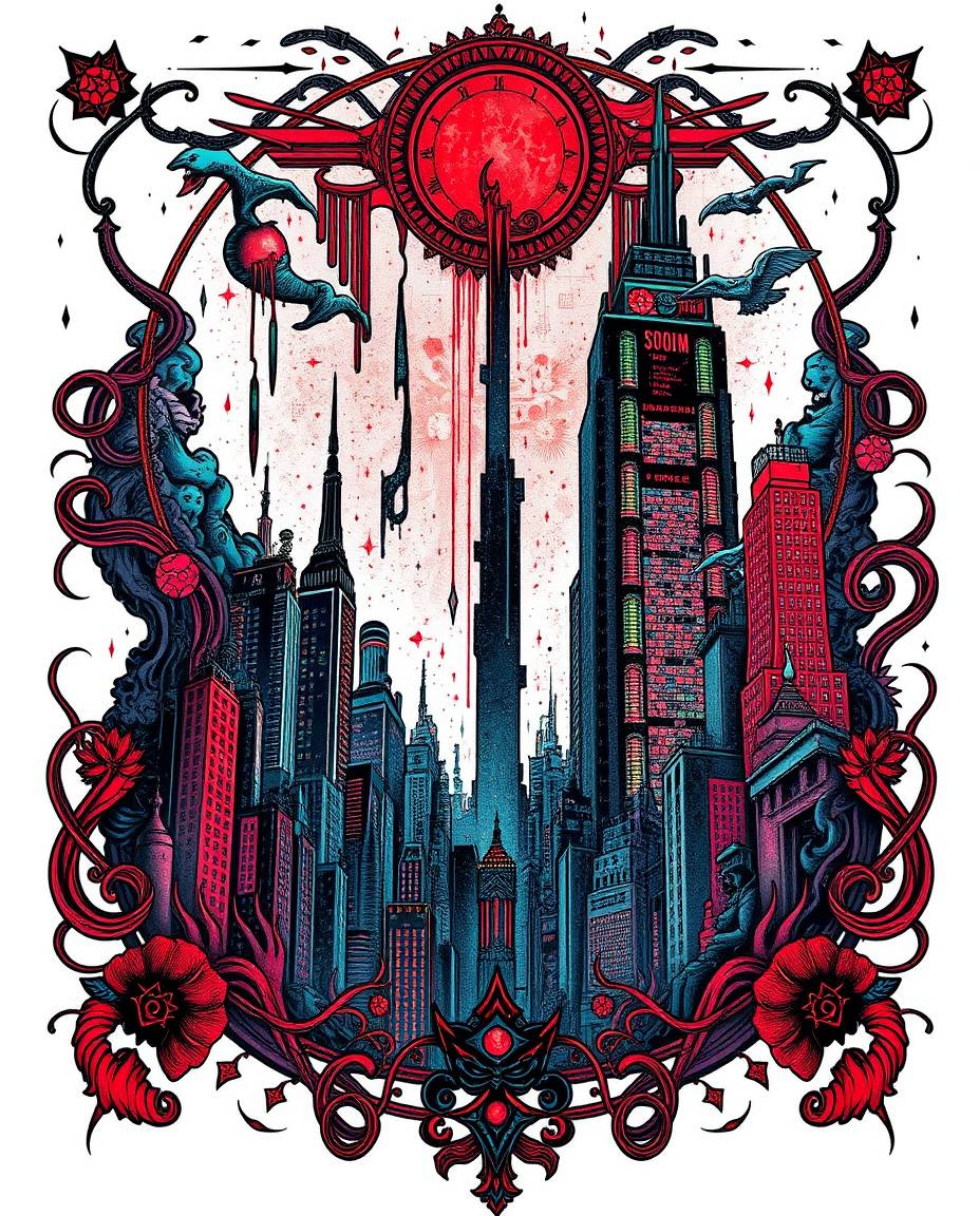 This symbolic traditional tattoo art print evokes an eerie, creepy atmosphere.  It depicts a glitchy digital landscape featur