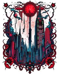 This symbolic traditional tattoo art print evokes an eerie, creepy atmosphere.  It depicts a glitchy digital landscape featur