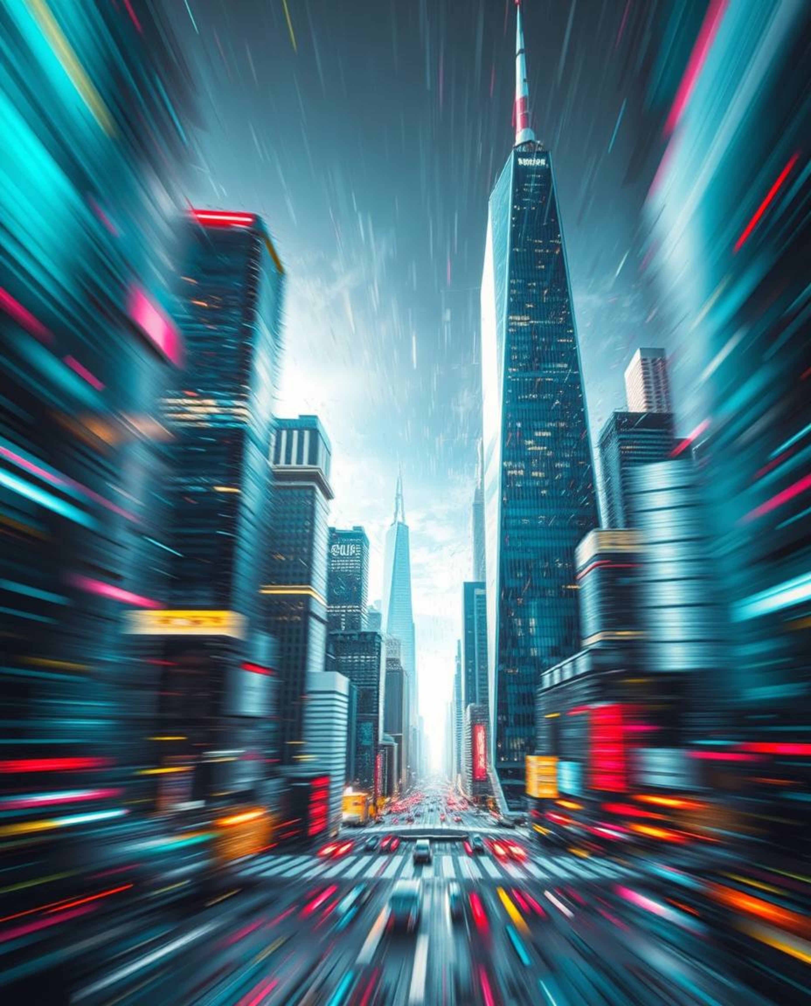 Experience a dynamic digital artwork depicting a glitchy landscape of distorted skyscrapers and static noise.  Intense, drama