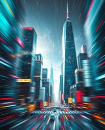 Experience a dynamic digital artwork depicting a glitchy landscape of distorted skyscrapers and static noise.  Intense, drama