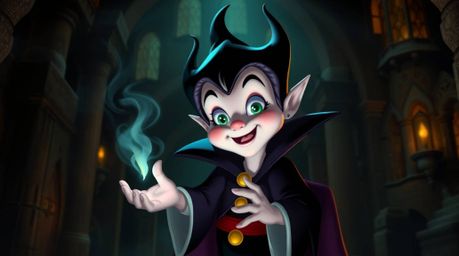 An adorable, charming classic Disney villain with cute features casts a spell in an old castle. The scene is dramatically li