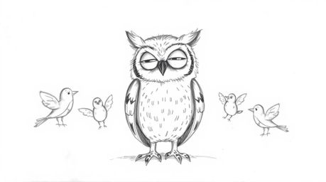 A heartwarming hand-drawn sketch in the style of Pixar, depicts a gentle, blind owl surrounded by small birds. Each bird is c