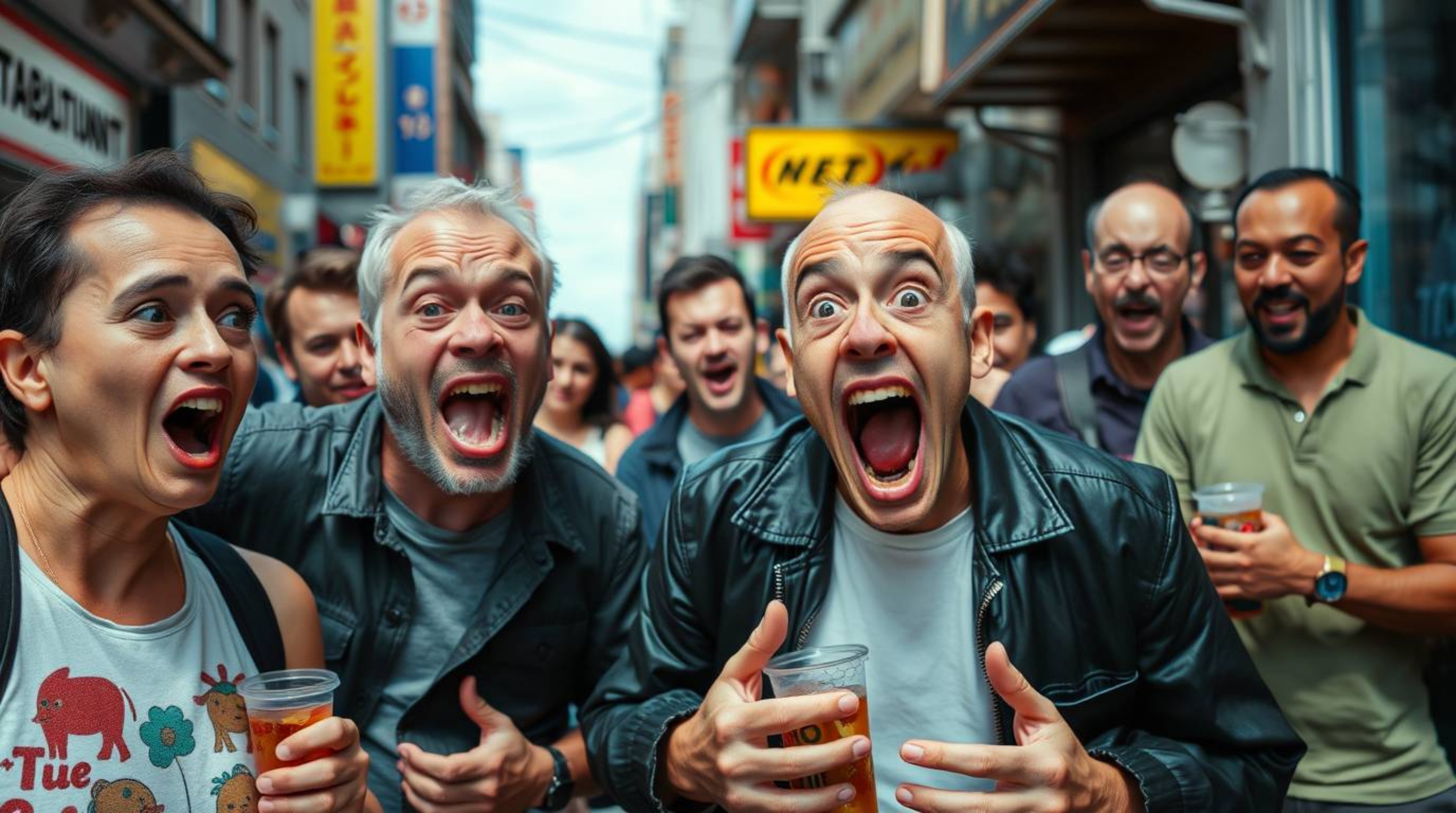 Capture the hilarious chaos of a candid street photography scene. This image showcases a gross-out comedy moment filled with 