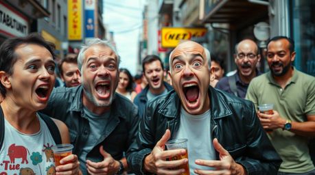 Capture the hilarious chaos of a candid street photography scene. This image showcases a gross-out comedy moment filled with 