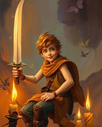 Experience a breathtaking scene: a classic oil painting bathed in the warm glow of candlelight. A brave, Disney-style hero em