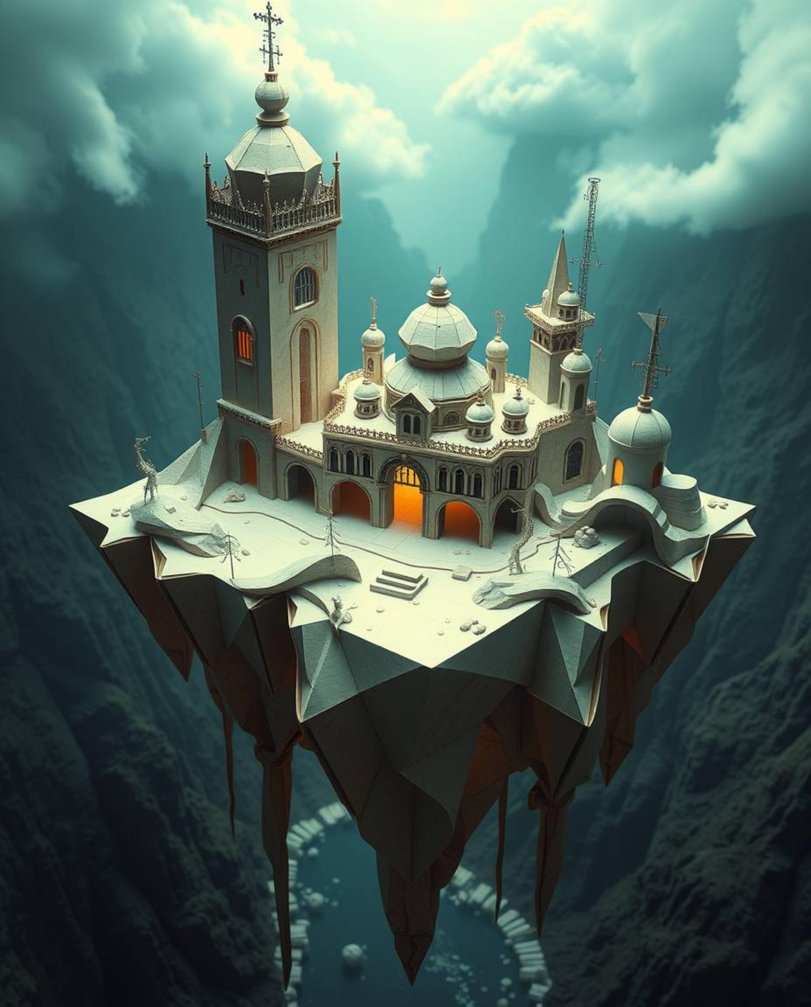 Explore a surreal floating island showcasing strange, origami-inspired architecture. This breathtaking scene blends geometric
