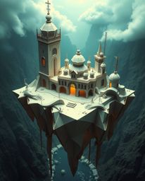Explore a surreal floating island showcasing strange, origami-inspired architecture. This breathtaking scene blends geometric