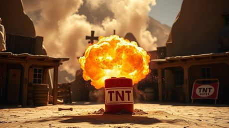 A charming and adorable high-resolution stock photo depicting a classic TNT explosion gag in the Wild West.  The strong, hard
