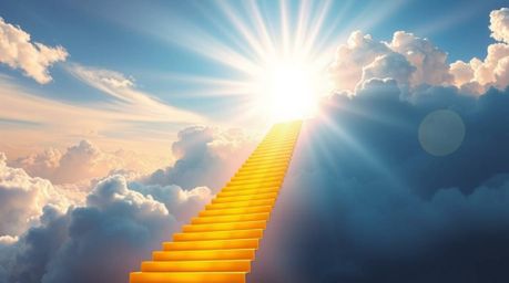 Ascend to a realm of divine beauty with this image of a graceful golden staircase rising through the clouds to a glowing heav