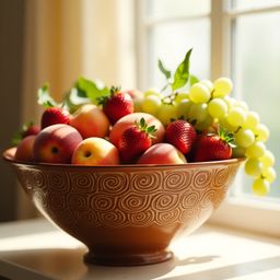 A captivating still life scene showcasing a beautifully crafted, earthy-toned ceramic bowl filled with an abundance of ripe f
