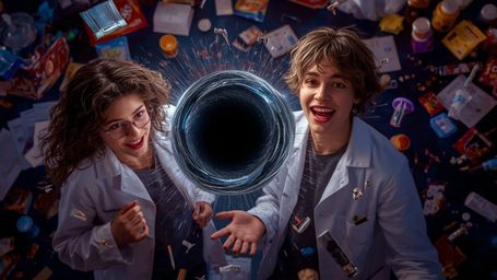 In a dramatic, cinematic photograph reminiscent of Pixar's vibrant, stylized aesthetic, a science fair duo stands in awe afte