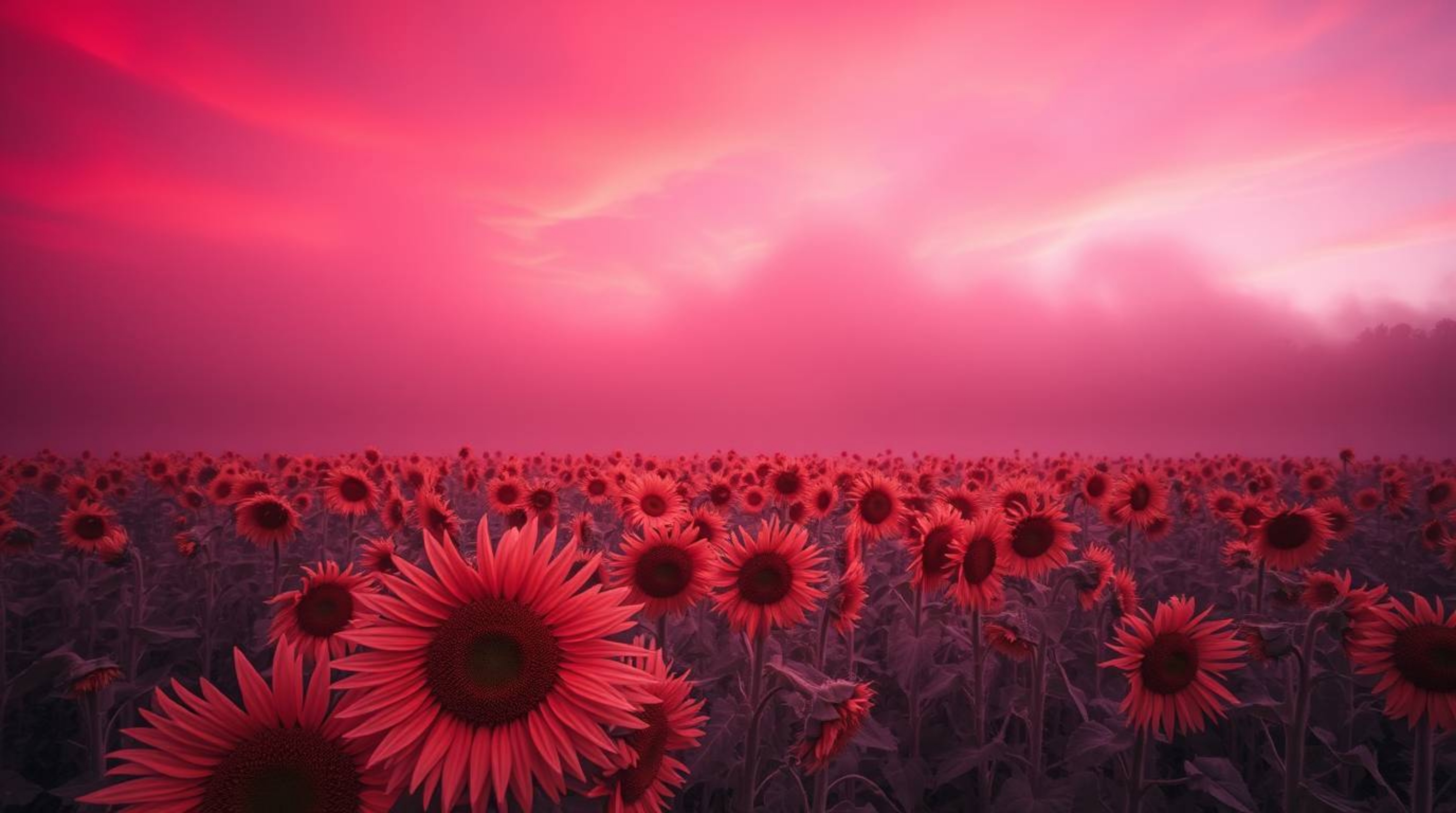 Experience a surreal infrared photograph of a sunflower field bathed in the deep red and purple hues of a dramatic sunset.  T
