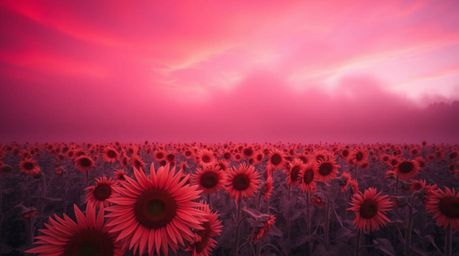 Experience a surreal infrared photograph of a sunflower field bathed in the deep red and purple hues of a dramatic sunset.  T
