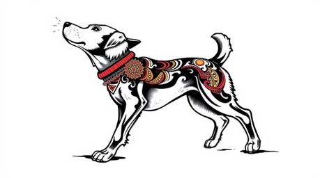 This stunning classic black and white tattoo art print showcases a low-angle view of a futuristic dog confidently walking its