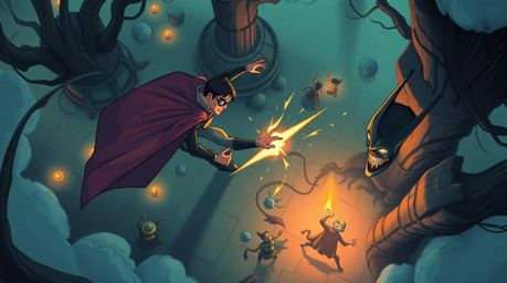 A bird's-eye view illustration depicts a captivating scene of a superhero with a cape battling a silly villain within a mysti