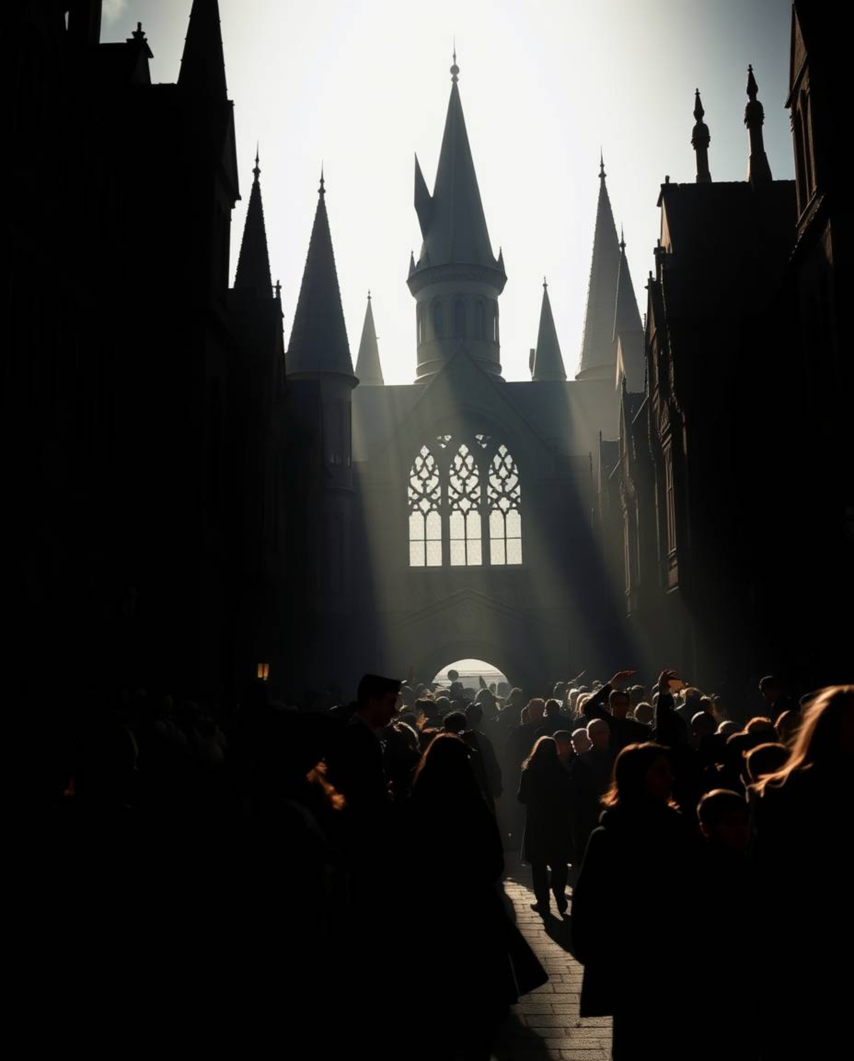 A captivating close-up captures a magical school brimming with young wizards, their forms silhouetted against a vibrant backl