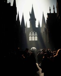 A captivating close-up captures a magical school brimming with young wizards, their forms silhouetted against a vibrant backl