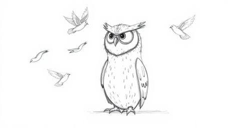 A Pixar-inspired hand-drawn sketch featuring a blind owl with rough, textured pencil lines, calmly seated and teaching birds 