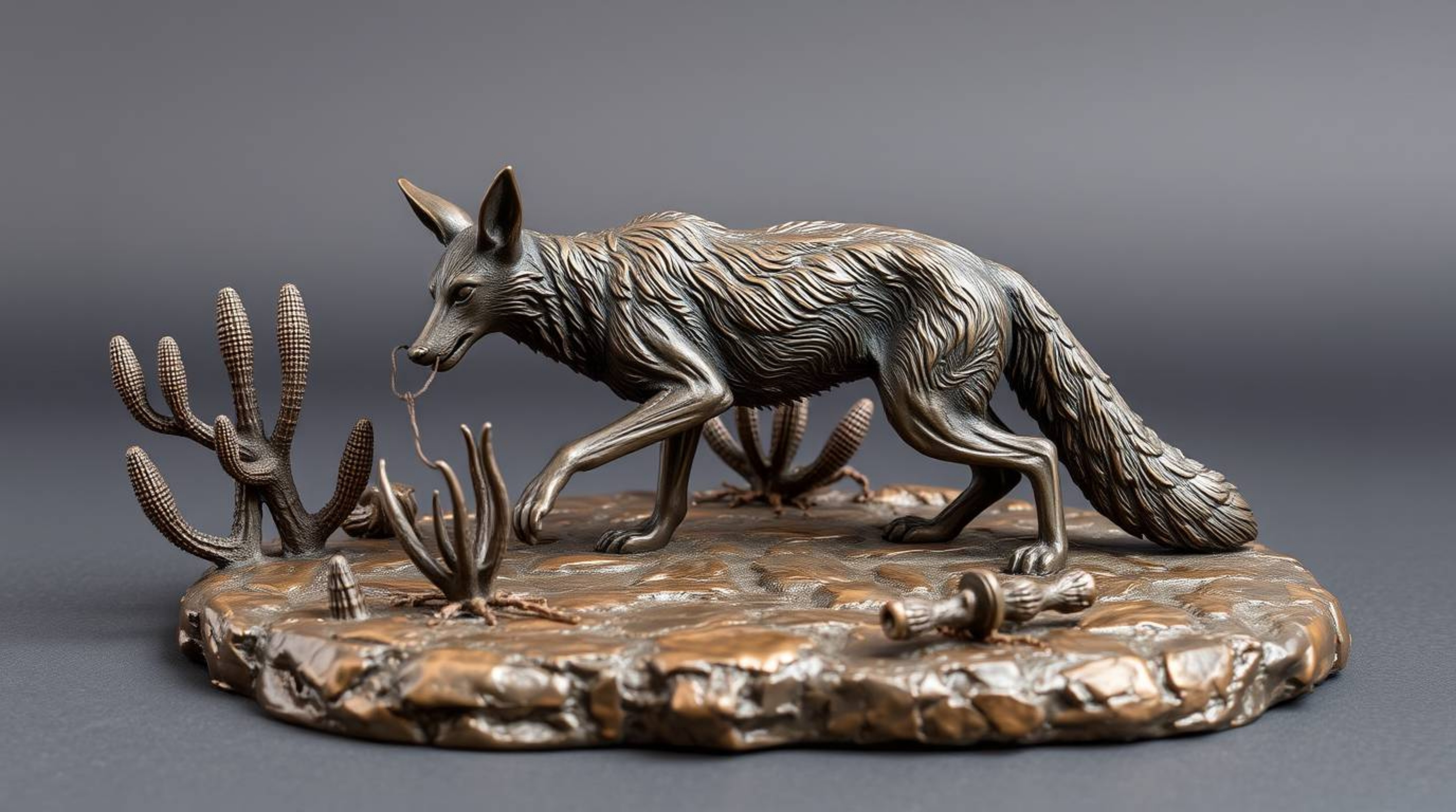This cast bronze sculpture depicts a coyote in the desert setting up a ridiculously elaborate trap. The piece features an ant