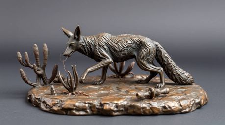 This cast bronze sculpture depicts a coyote in the desert setting up a ridiculously elaborate trap. The piece features an ant