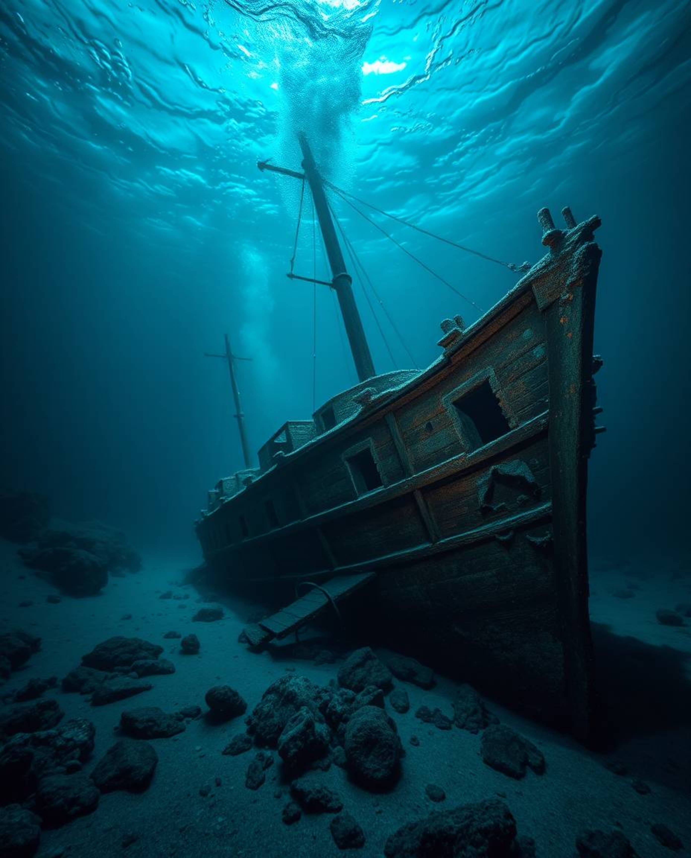 An underwater shipwreck bathed in rich deep teal hues offers a luxurious and vibrant visual experience. The scene, illuminate