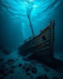 An underwater shipwreck bathed in rich deep teal hues offers a luxurious and vibrant visual experience. The scene, illuminate