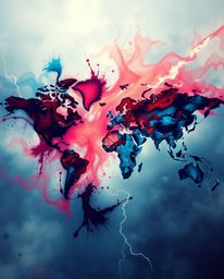 This captivating abstract world map is formed by bright and vibrant splashes of color, featuring a dramatic weather scene wit
