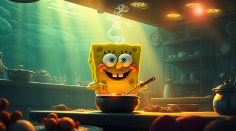 A grand, epic scene unfolds of a heroic sponge character skillfully cooking within a vibrant underwater kitchen.  Rendered in
